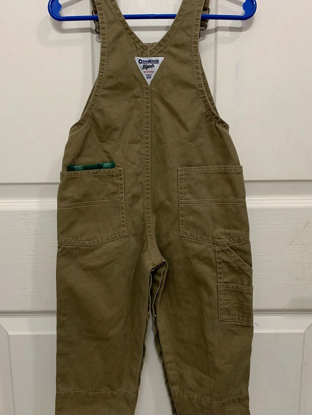 OshKosh B'gosh Khaki Twill Navy Green Plaid 18 Months Overalls 3897